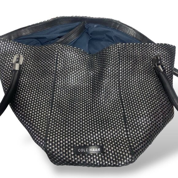 Cole Haan Genuine Leather Woven Black Silver Bag Tote Double Handle 13 x 11 x 6" - Picture 8 of 13